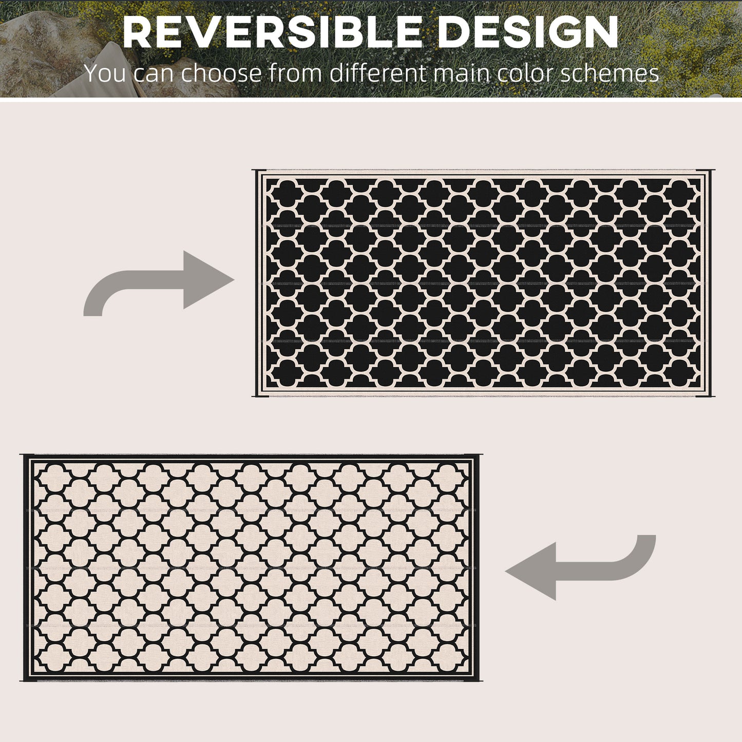 Black and white trellis rug featuring a quatrefoil pattern on both sides
