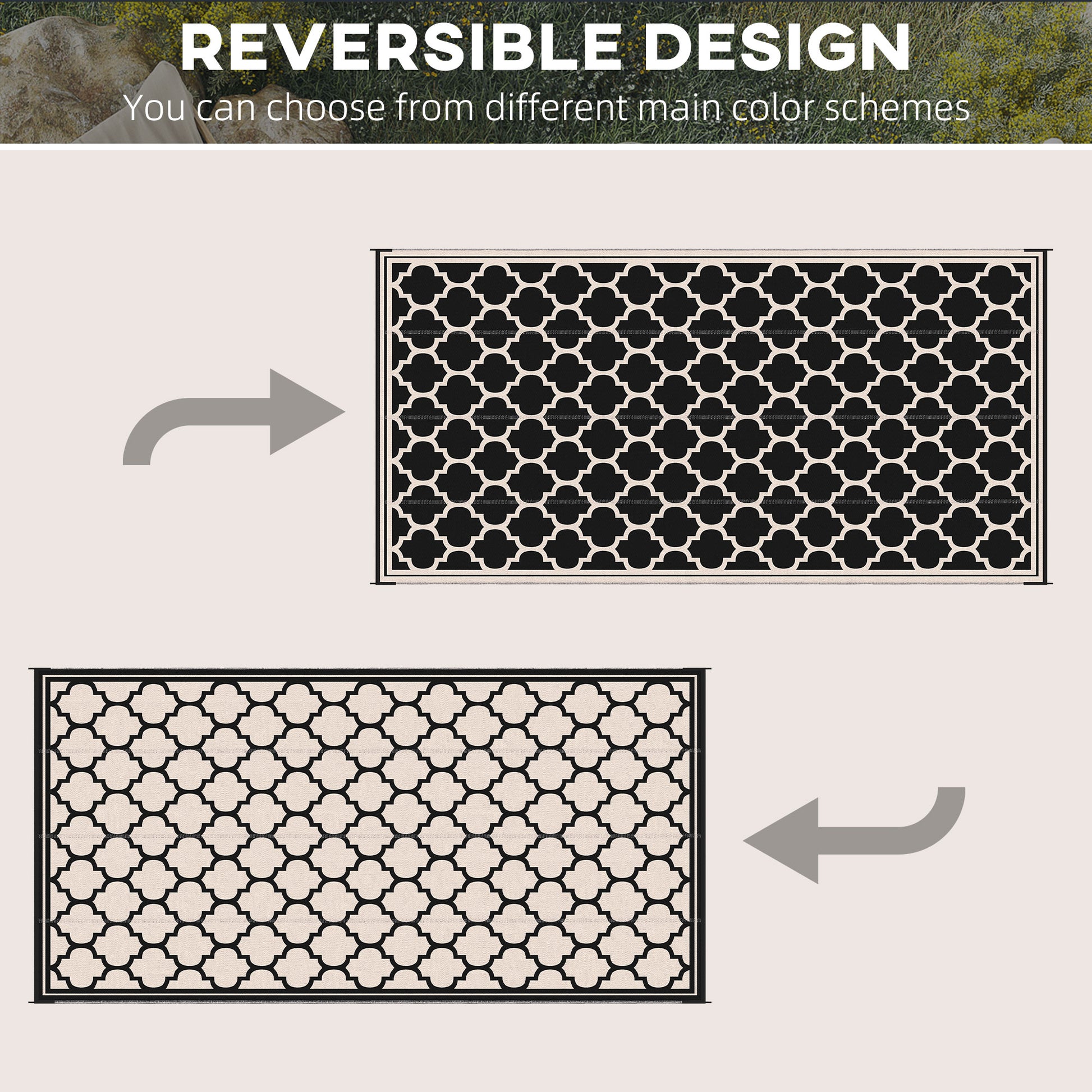 Black and white trellis rug featuring a quatrefoil pattern on both sides