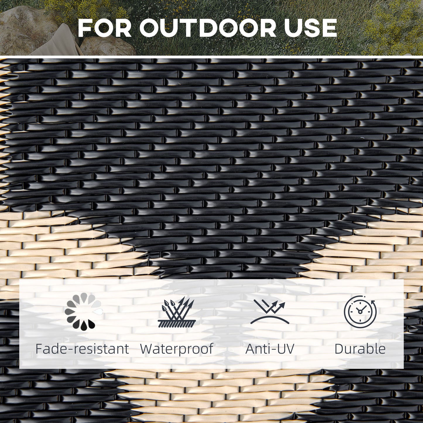 Woven black and cream rattan pattern suitable for outdoor use