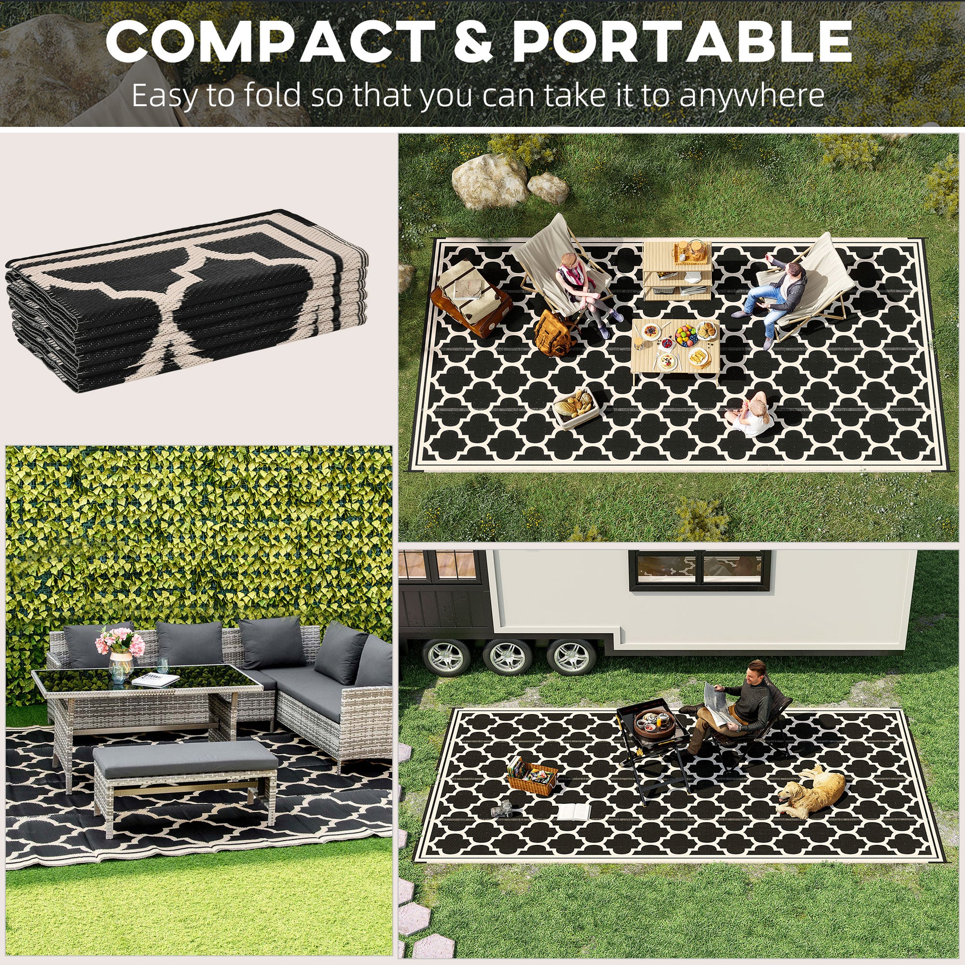 Stacked black and white geometric outdoor rug folded for portability