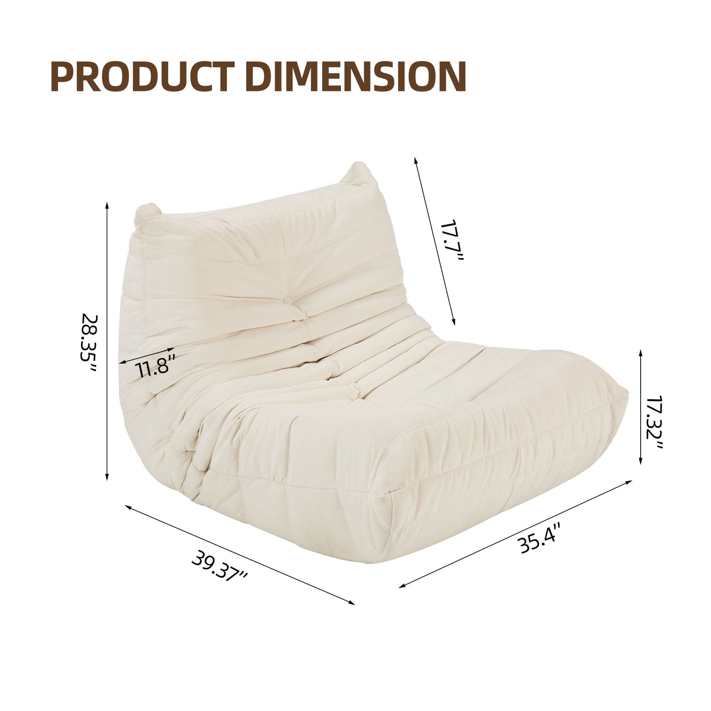 Cream linen tufted accent chair with dimensions labeled