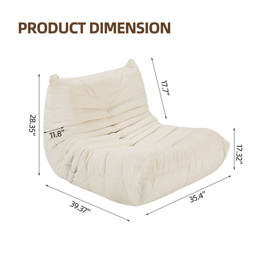 Cream linen tufted accent chair with dimensions labeled