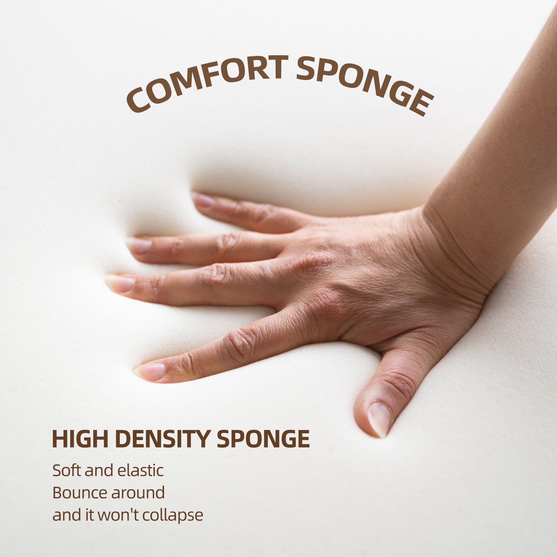 Hand pressing into soft white highdensity comfort sponge showing elasticity