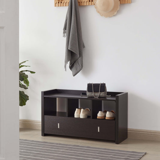 Dark wood entryway bench with shoe storage shelves and drawers