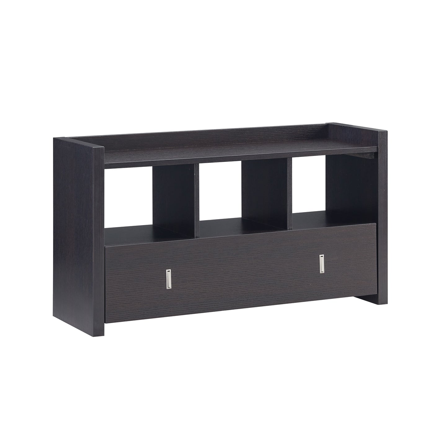 Dark espresso wood shoe bench with three open shelves and one drawer