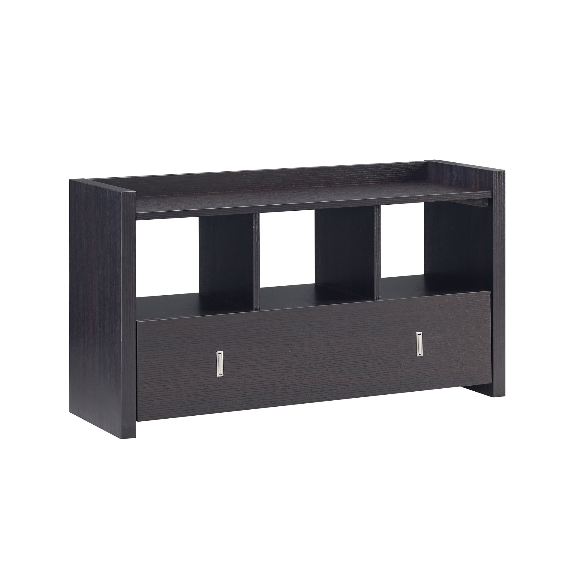 Dark espresso wood shoe bench with three open shelves and one drawer