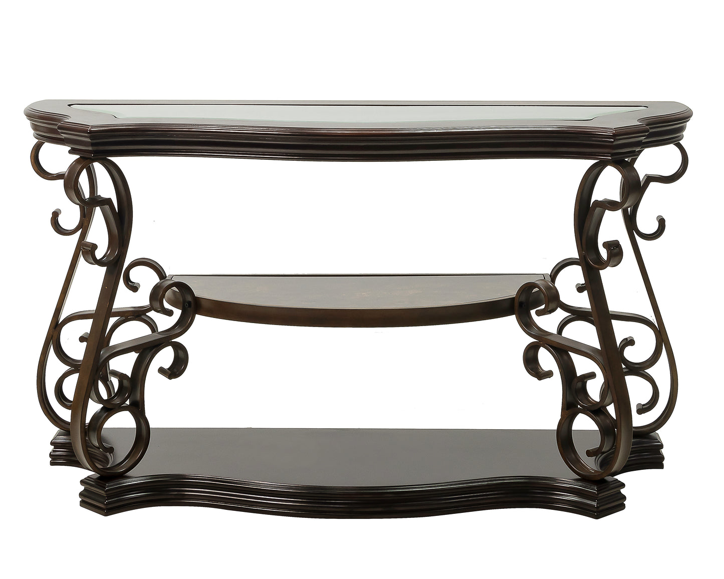 Dark brown ornate console table with three tiers and glass top