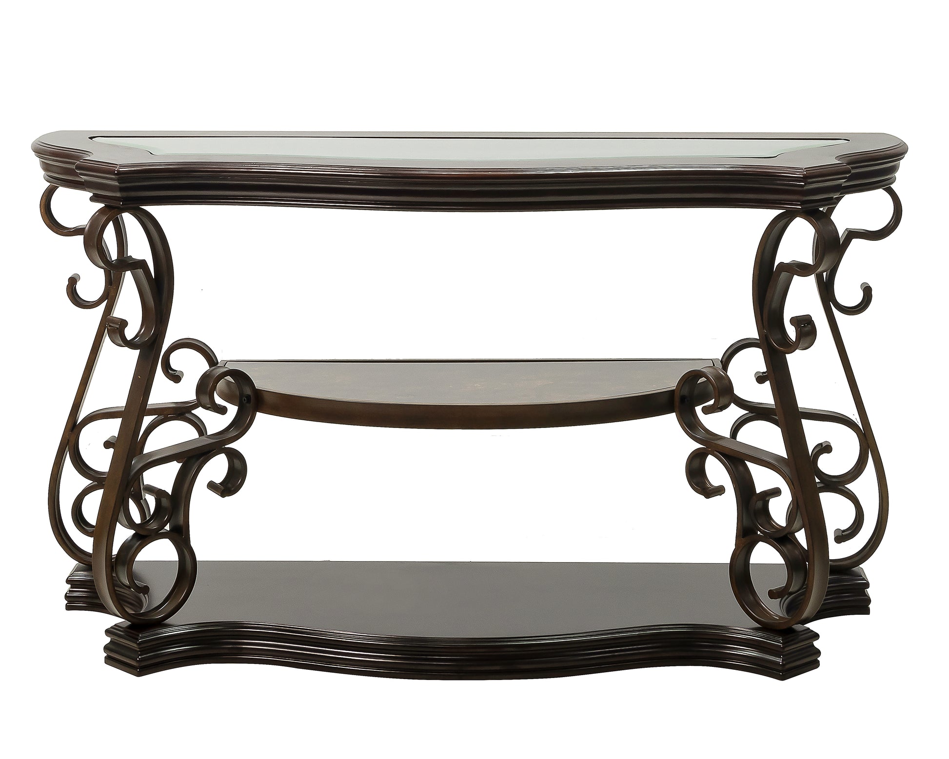 Dark brown ornate console table with three tiers and glass top