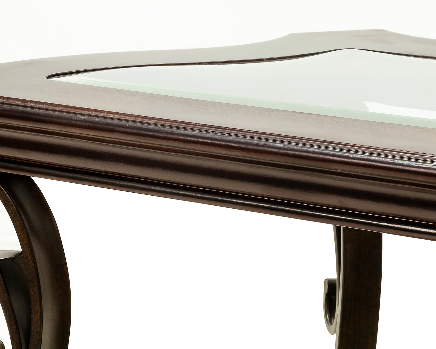 Rich mahogany coffee table with glass inlay and carved wooden legs