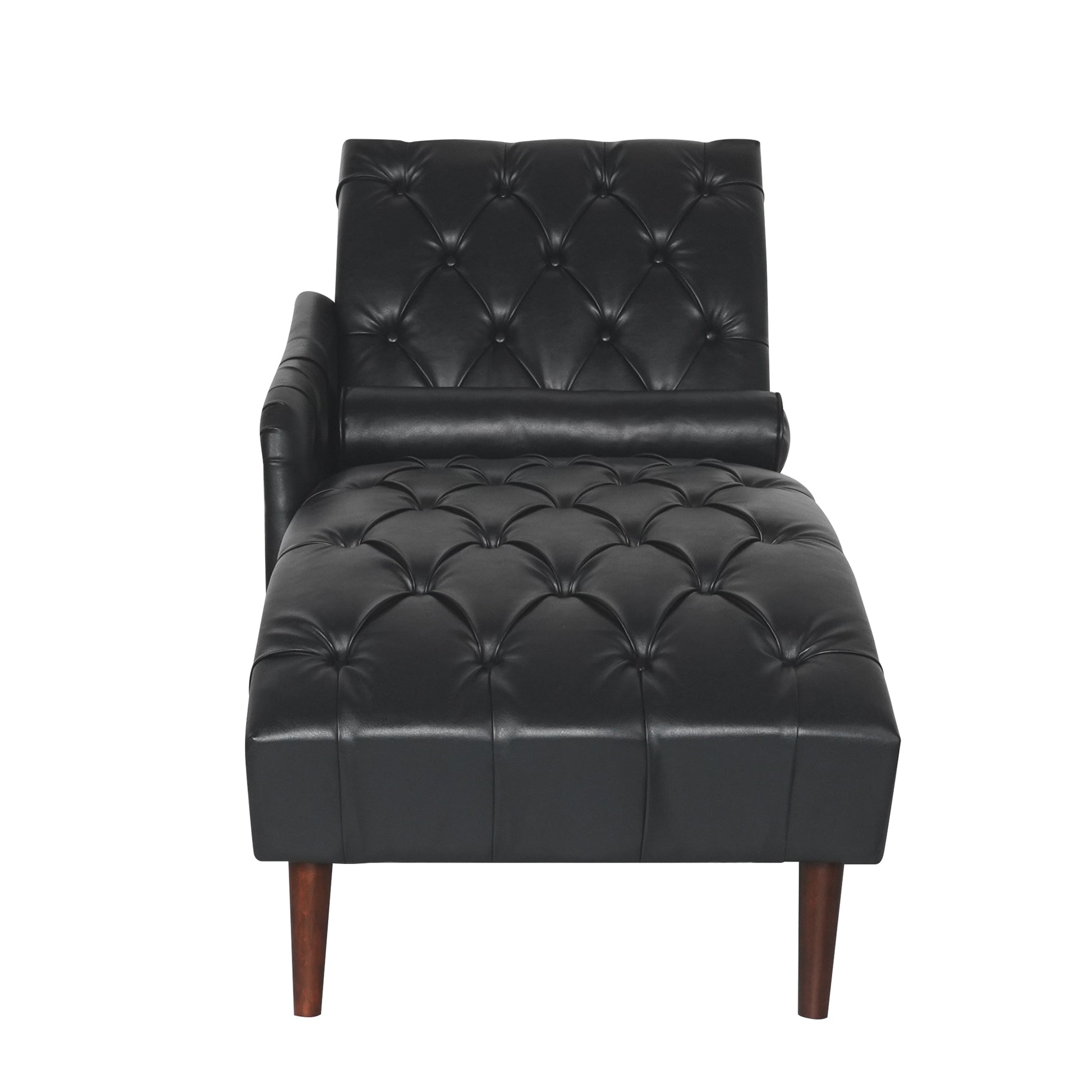 Black faux leather chaise lounge with tufted detailing and wooden legs