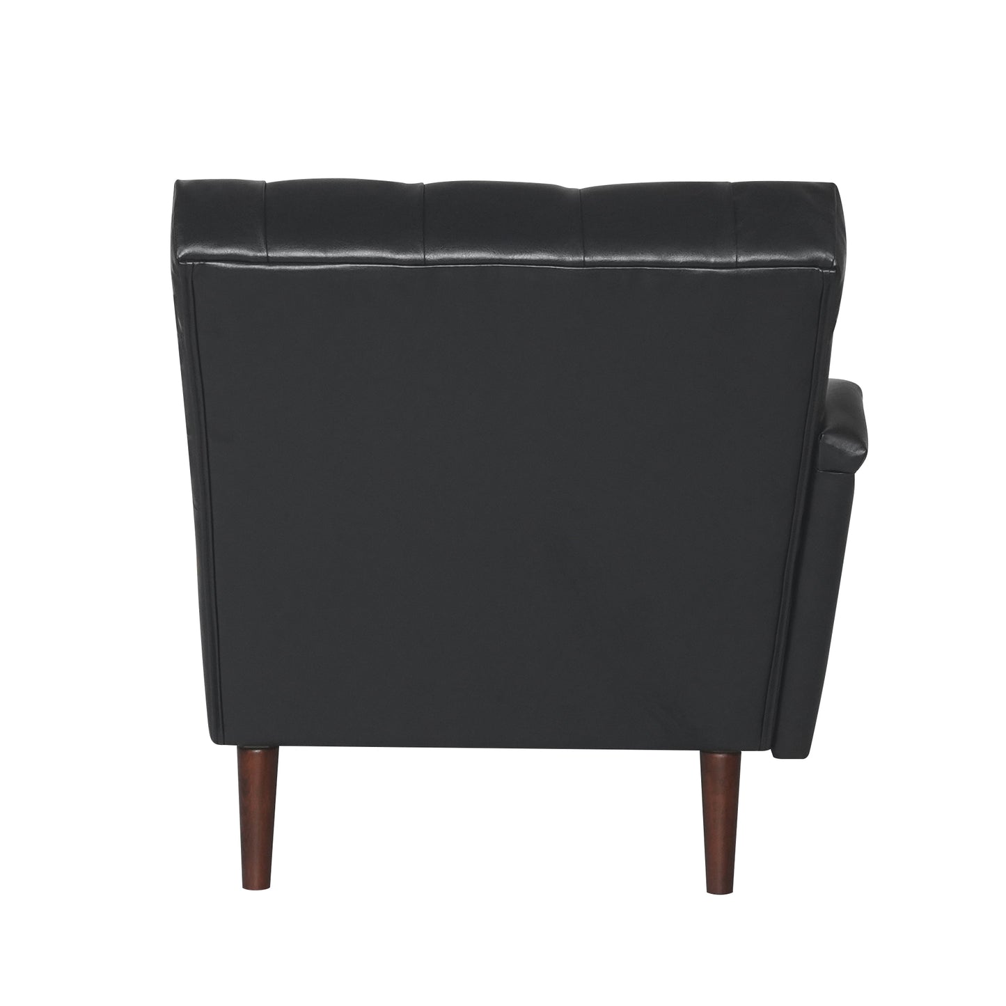 Black faux leather accent chair with button tufting on the back and tapered wooden legs