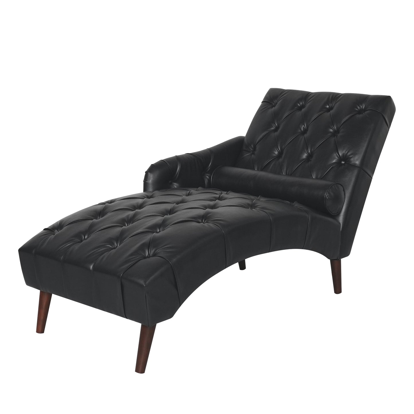 Black tufted chaise lounge with dark wood legs perfect for modern living rooms