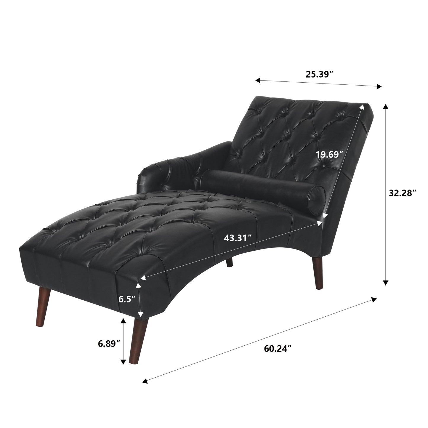 Black tufted leather chaise lounge with wooden legs and included bolster pillow