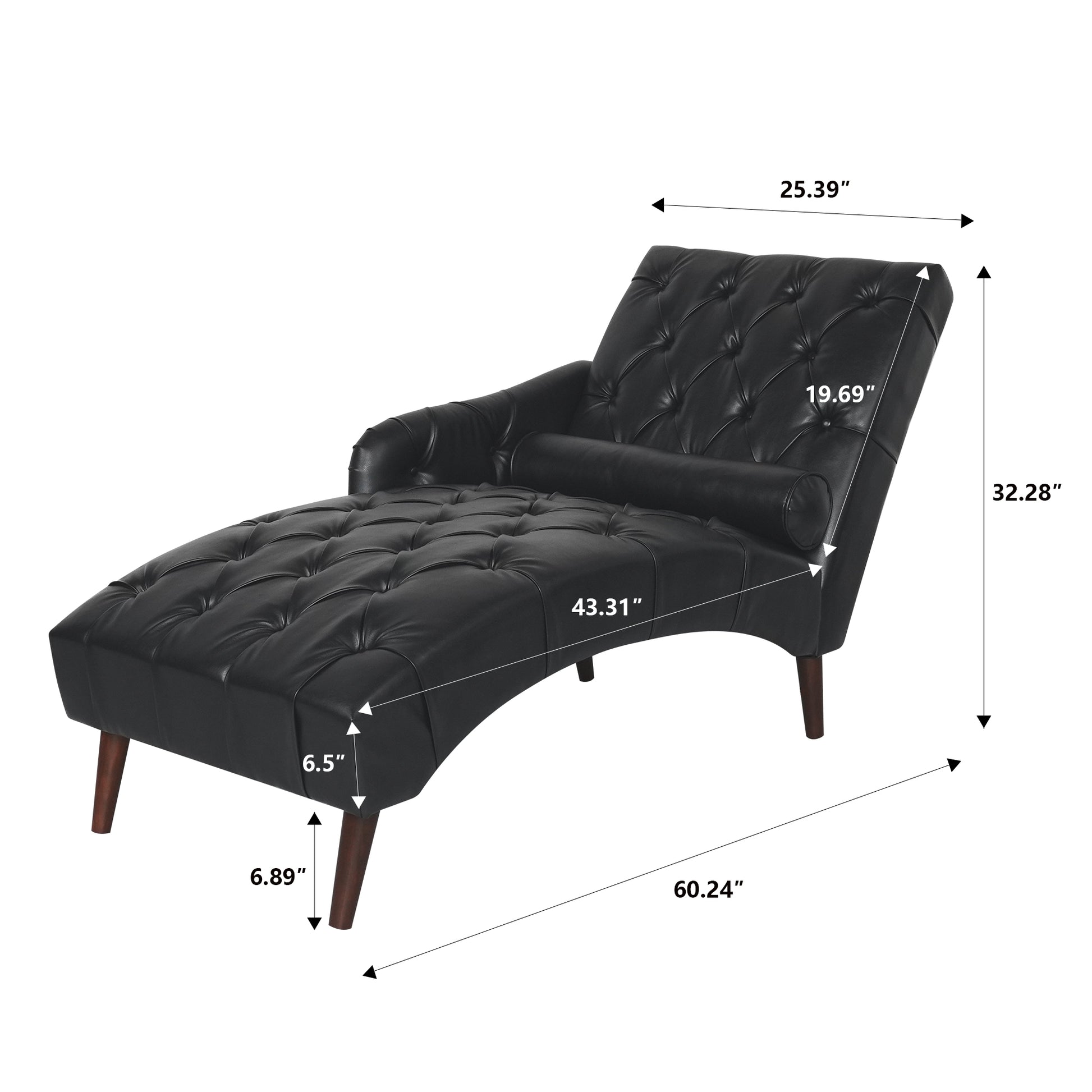 Black tufted leather chaise lounge with wooden legs and included bolster pillow