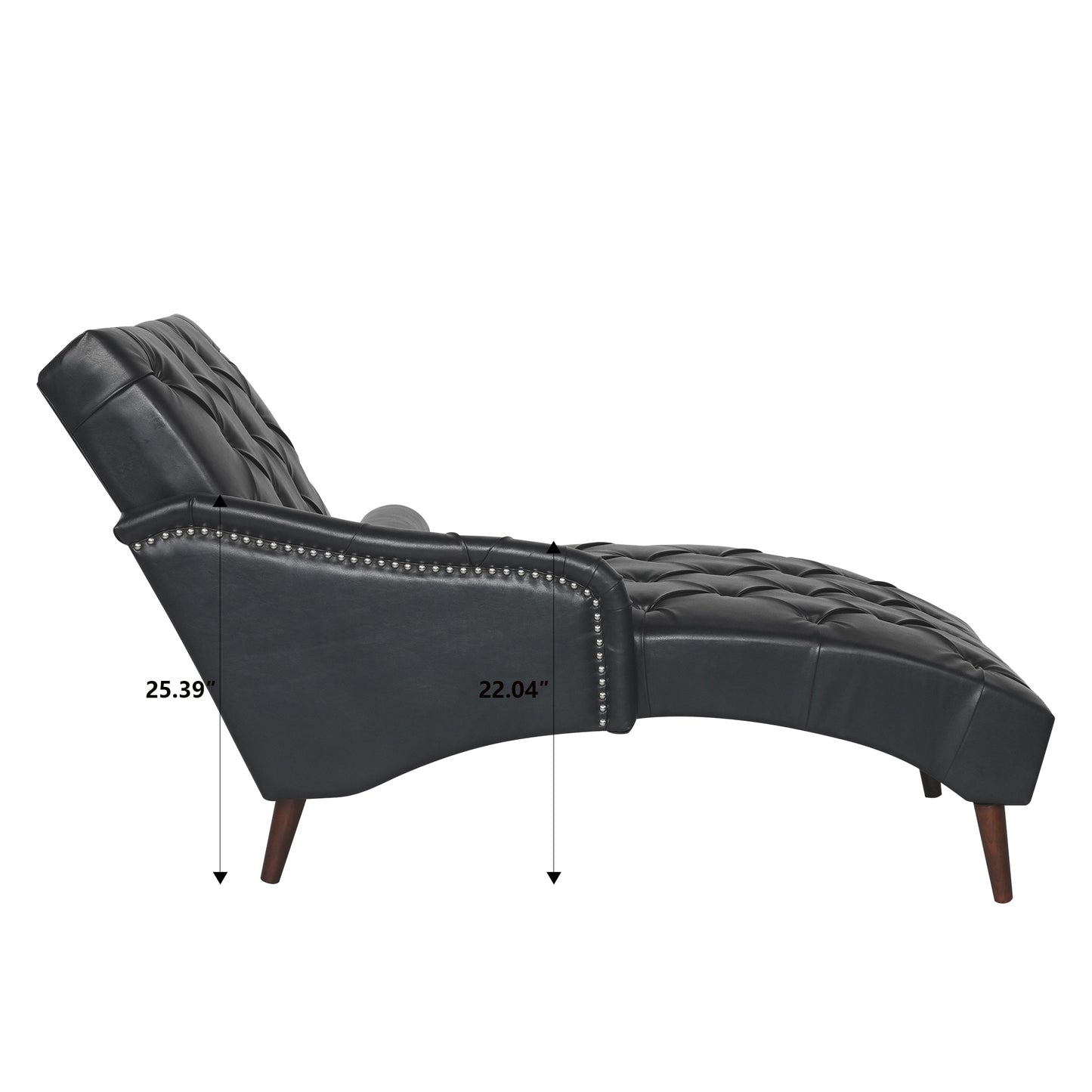 Black tufted faux leather chaise lounge with silver nailhead trim and wooden legs