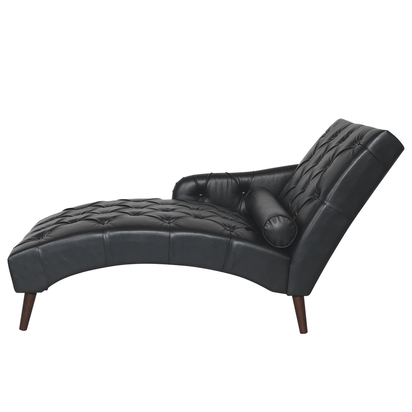 Black tufted leather chaise lounge with wooden legs