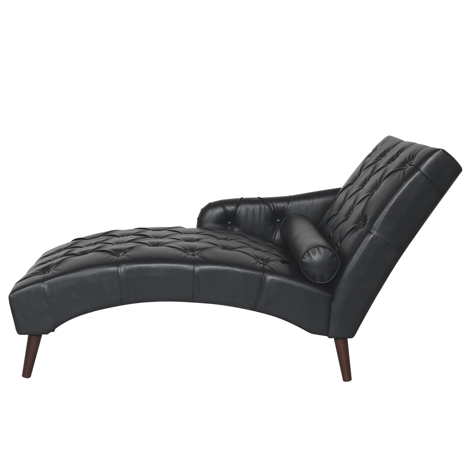Black tufted leather chaise lounge with wooden legs