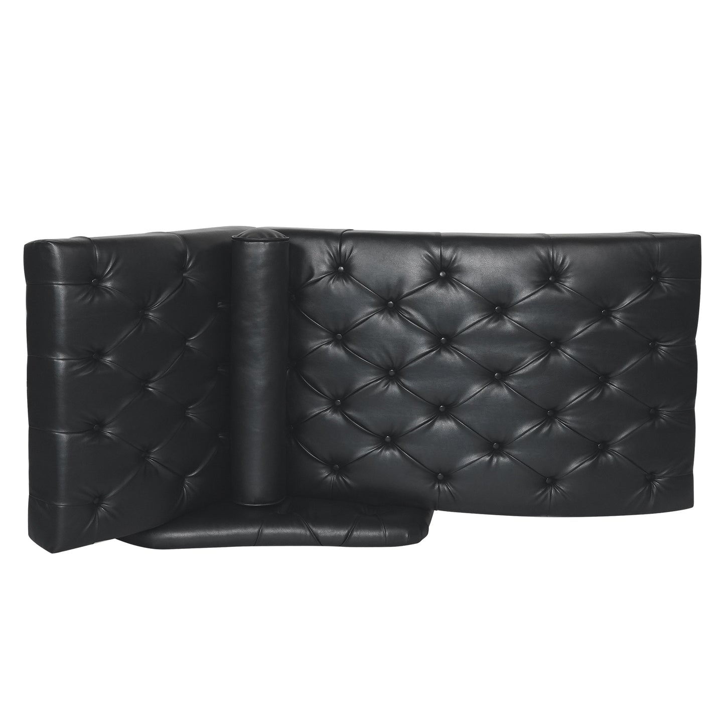 Black tufted faux leather headboard with rolled arm accent