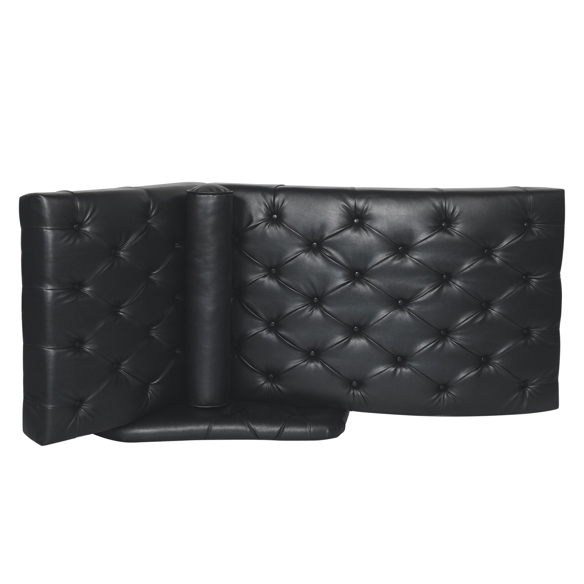 Black tufted faux leather headboard with rolled arm accent