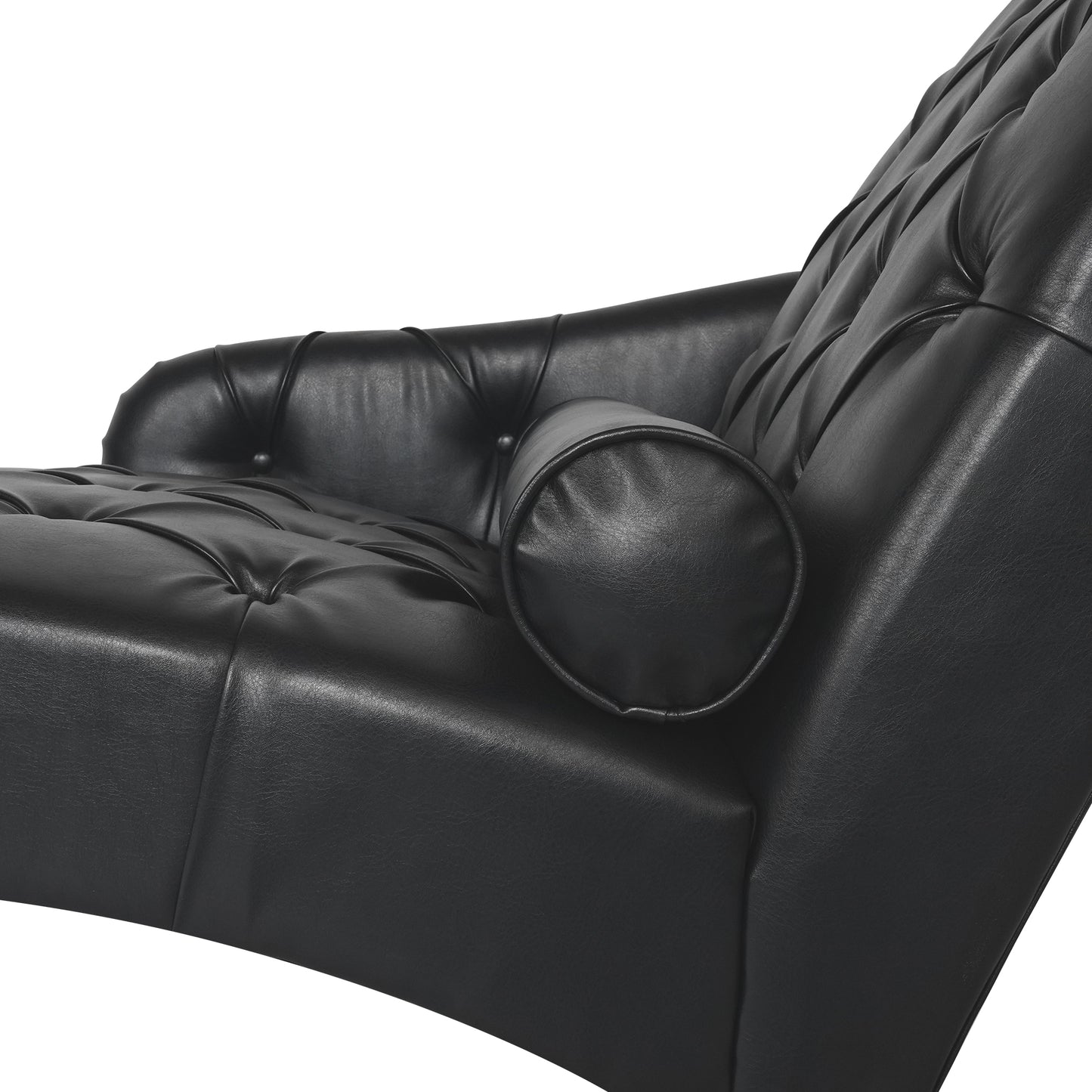 Black faux leather tufted chaise lounge with a circular bolster pillow for comfort