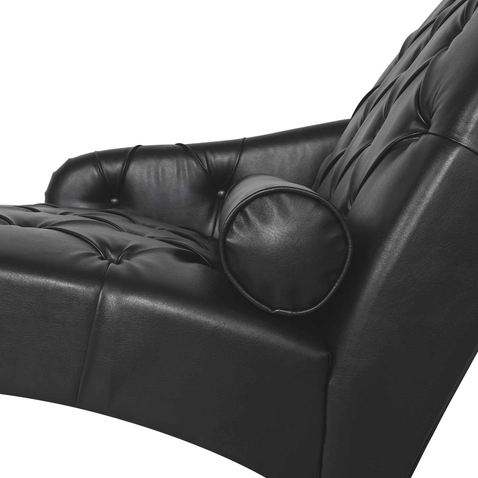 Black faux leather tufted chaise lounge with a circular bolster pillow for comfort