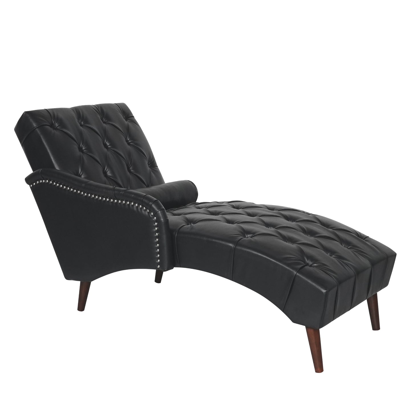 Black tufted chaise lounge with silver nailhead trim and dark wood legs for luxurious relaxation