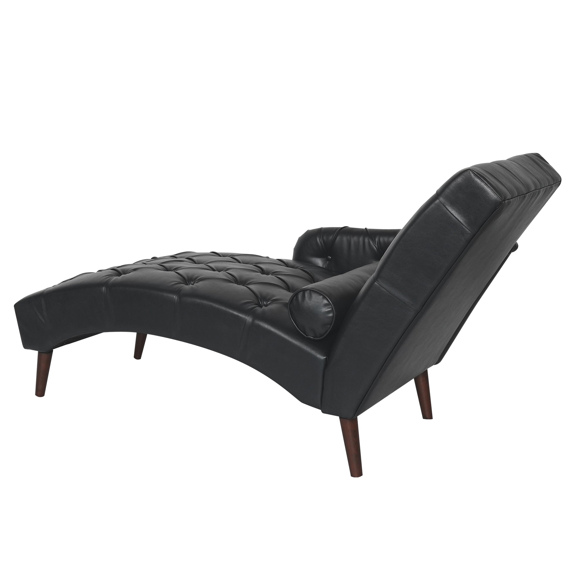 Black faux leather chaise lounge with tufted seat and modern wooden legs