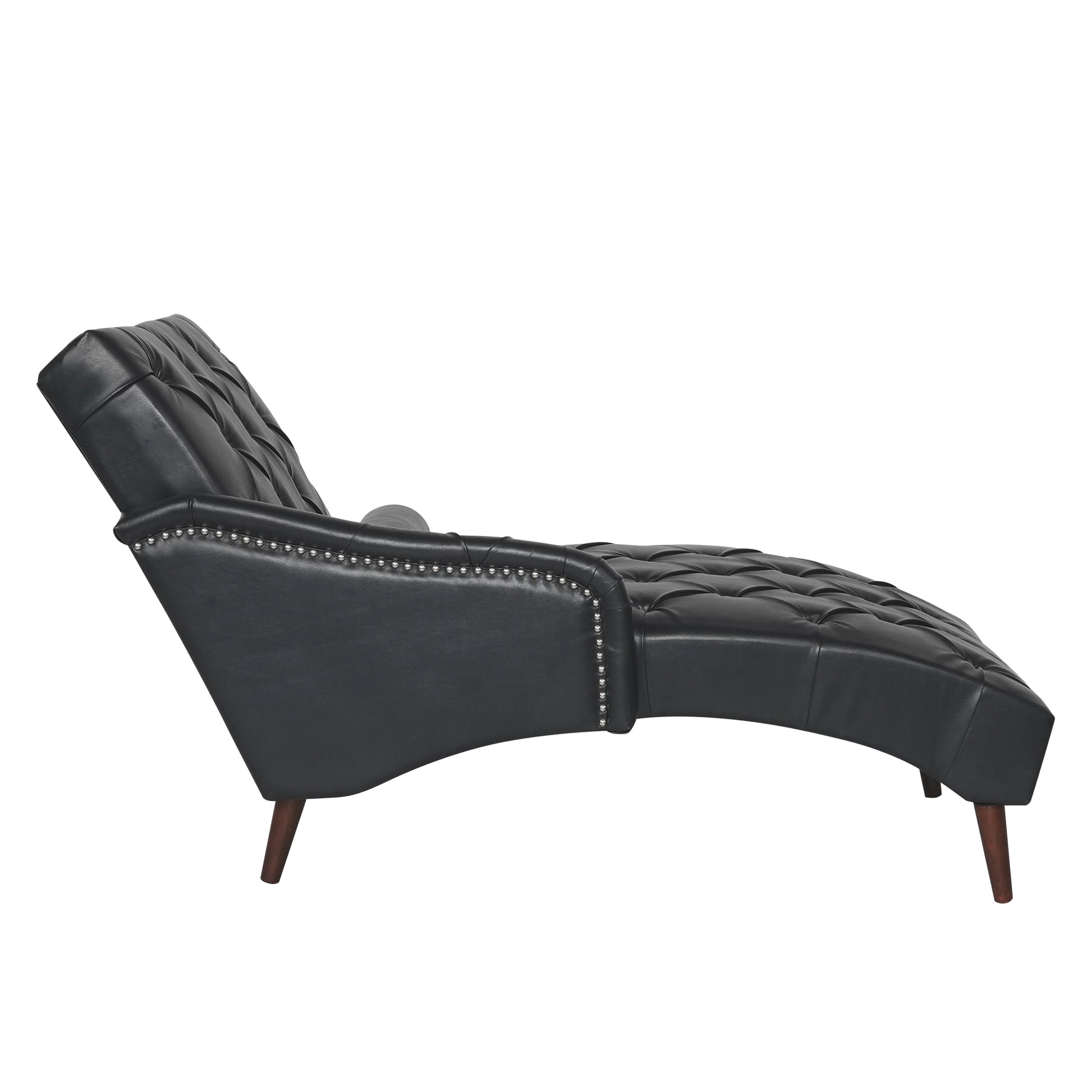Black tufted leather chaise lounge with silver nailhead trim and tapered wooden legs