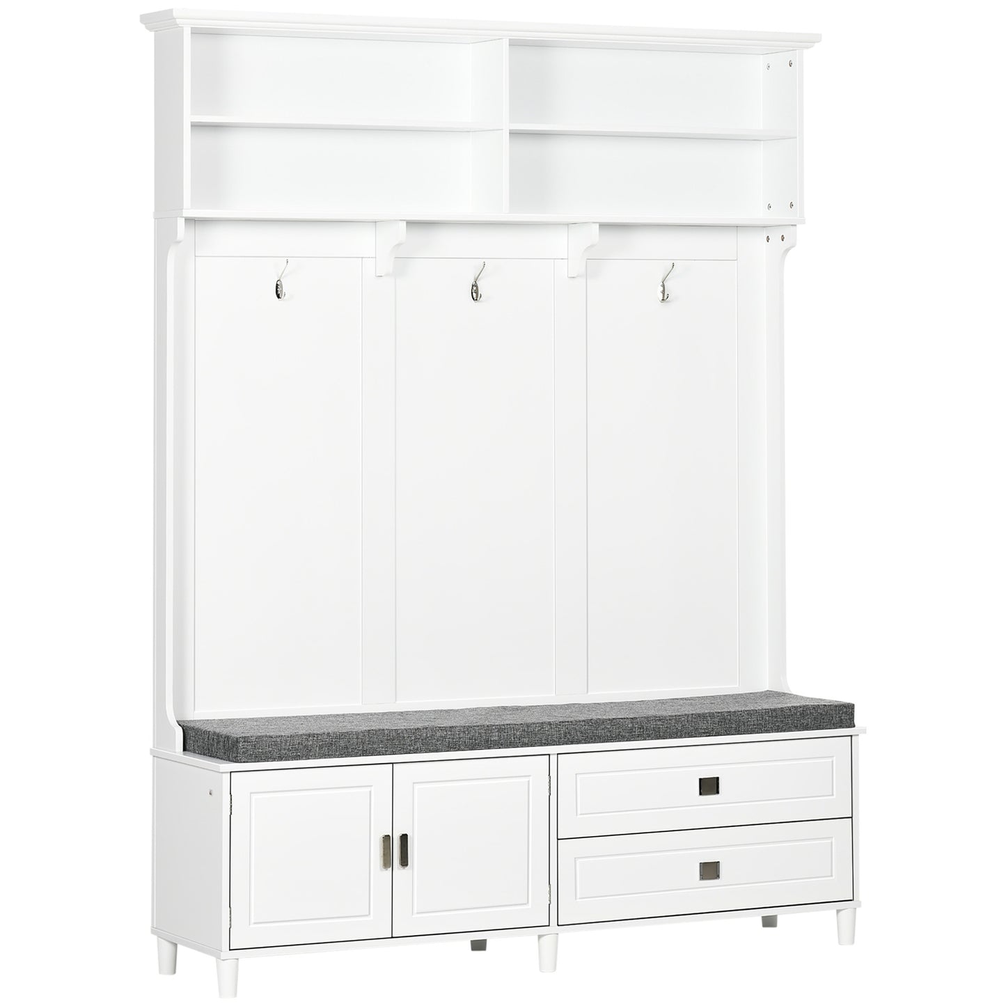 White hall tree with storage bench and coat hooks