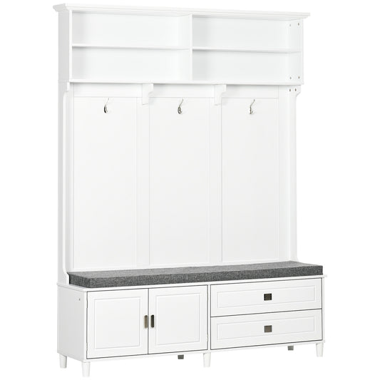 White hall tree with storage bench and coat hooks