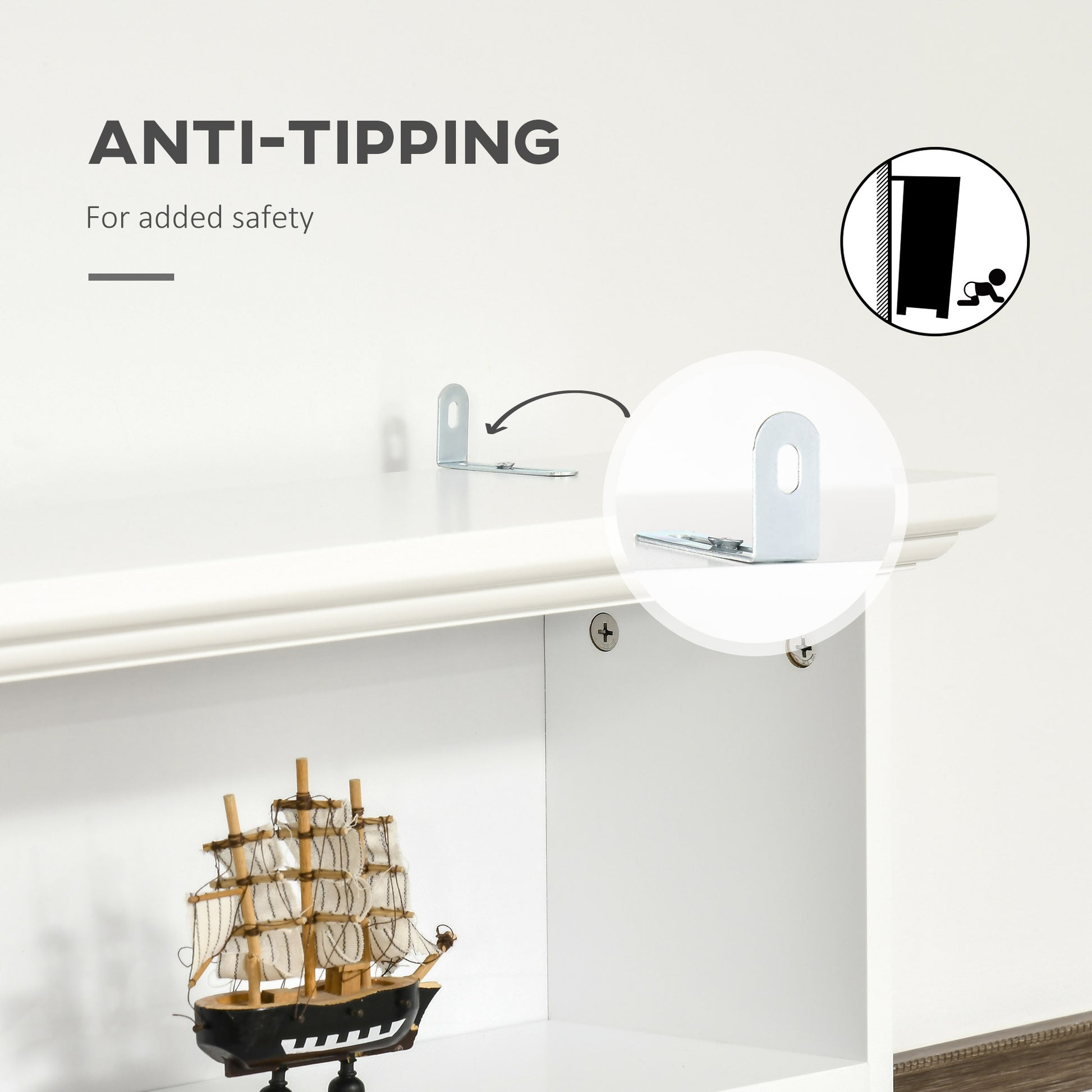 Wall anchor hardware included for antitipping furniture safety