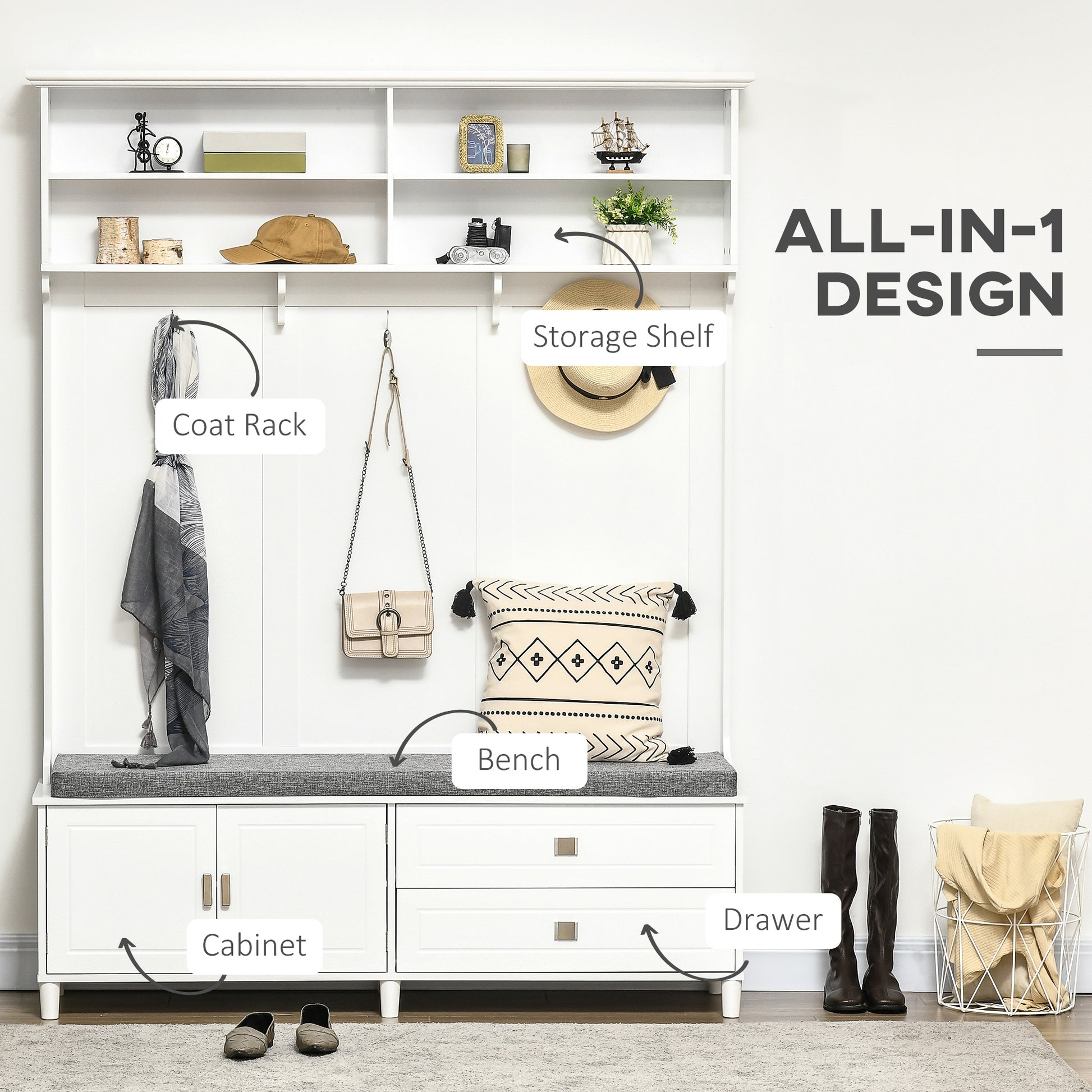 White hall tree with coat rack storage shelf bench and cabinet for entryway organization