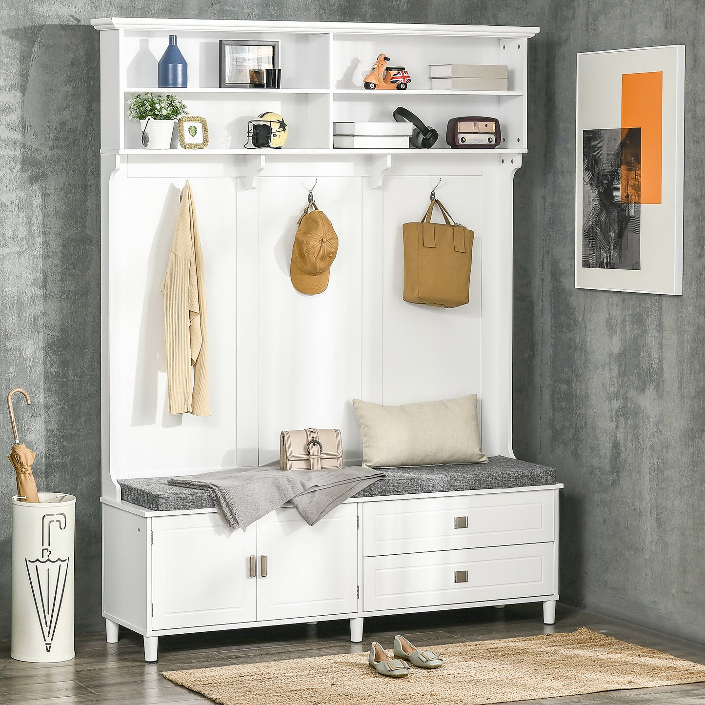 White entryway hall tree with storage bench and hooks