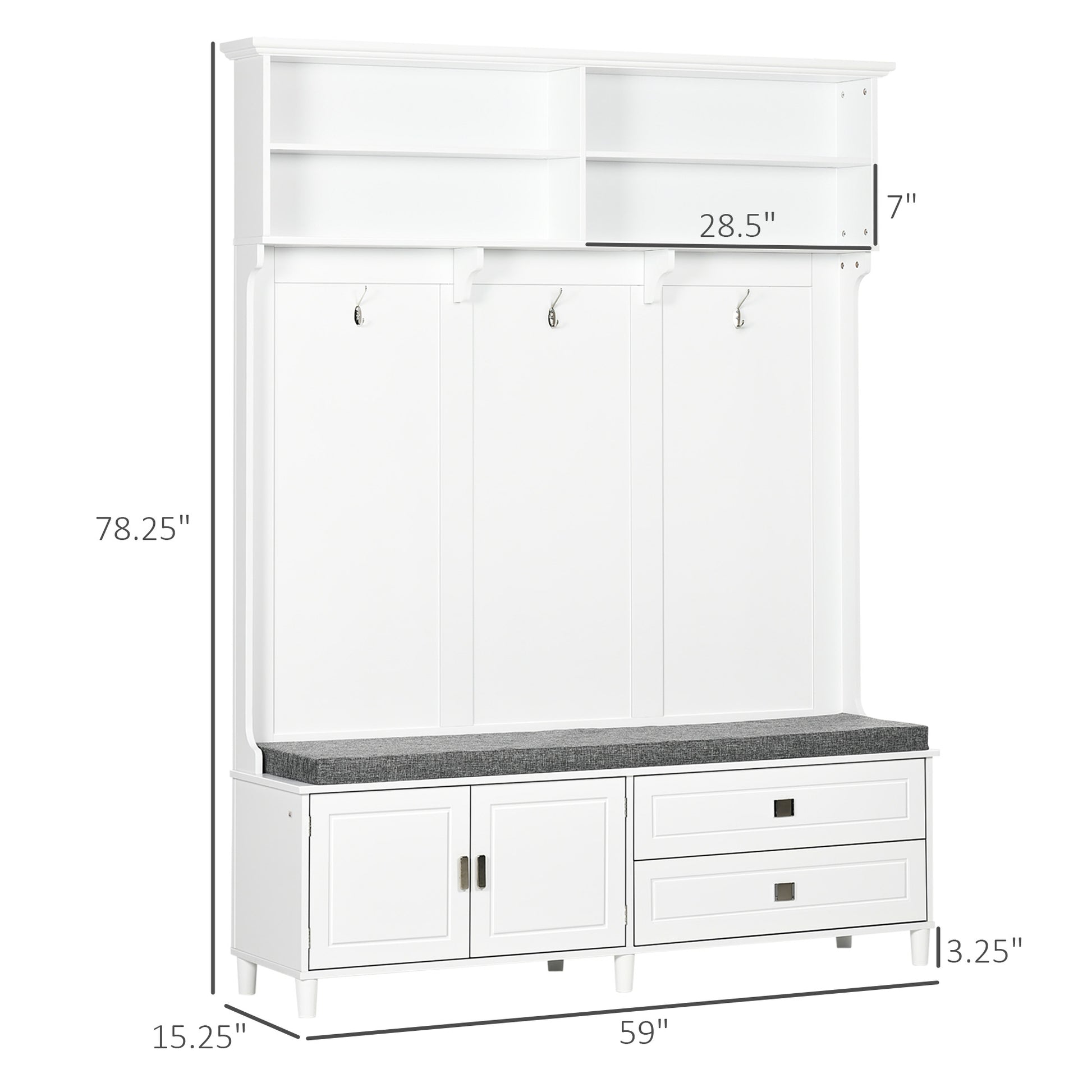 White entryway bench with coat rack and storage shelves