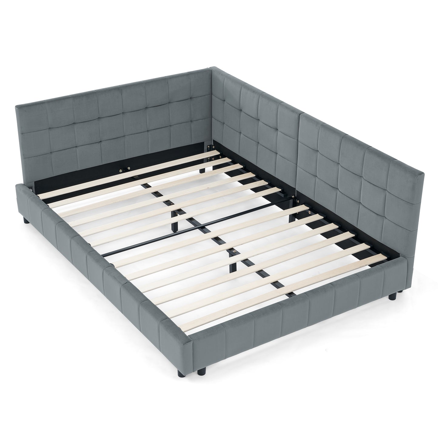 Gray upholstered platform bed frame with tufted headboard and wooden slats for mattress support