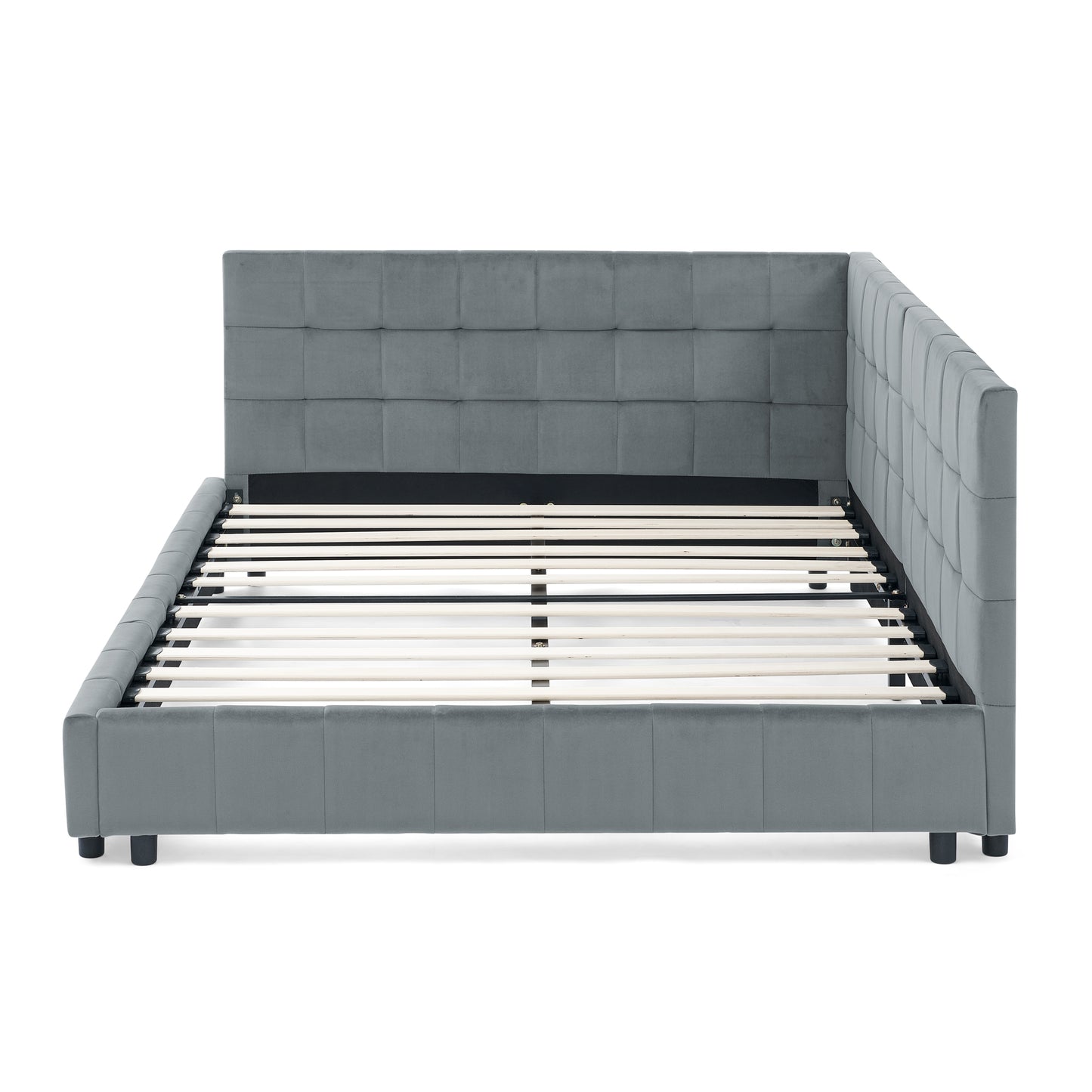 Gray velvet upholstered bed frame with tufted headboard and slats