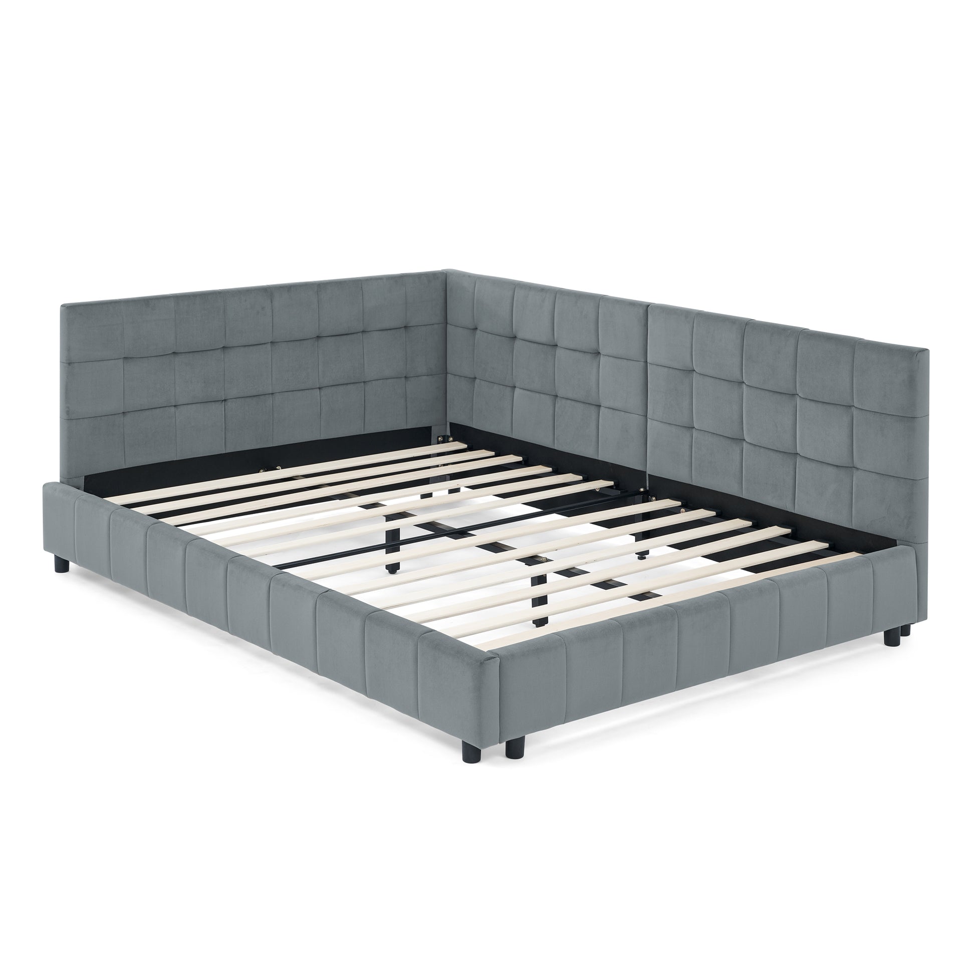 Modern grey velvet bed frame with tufted headboard