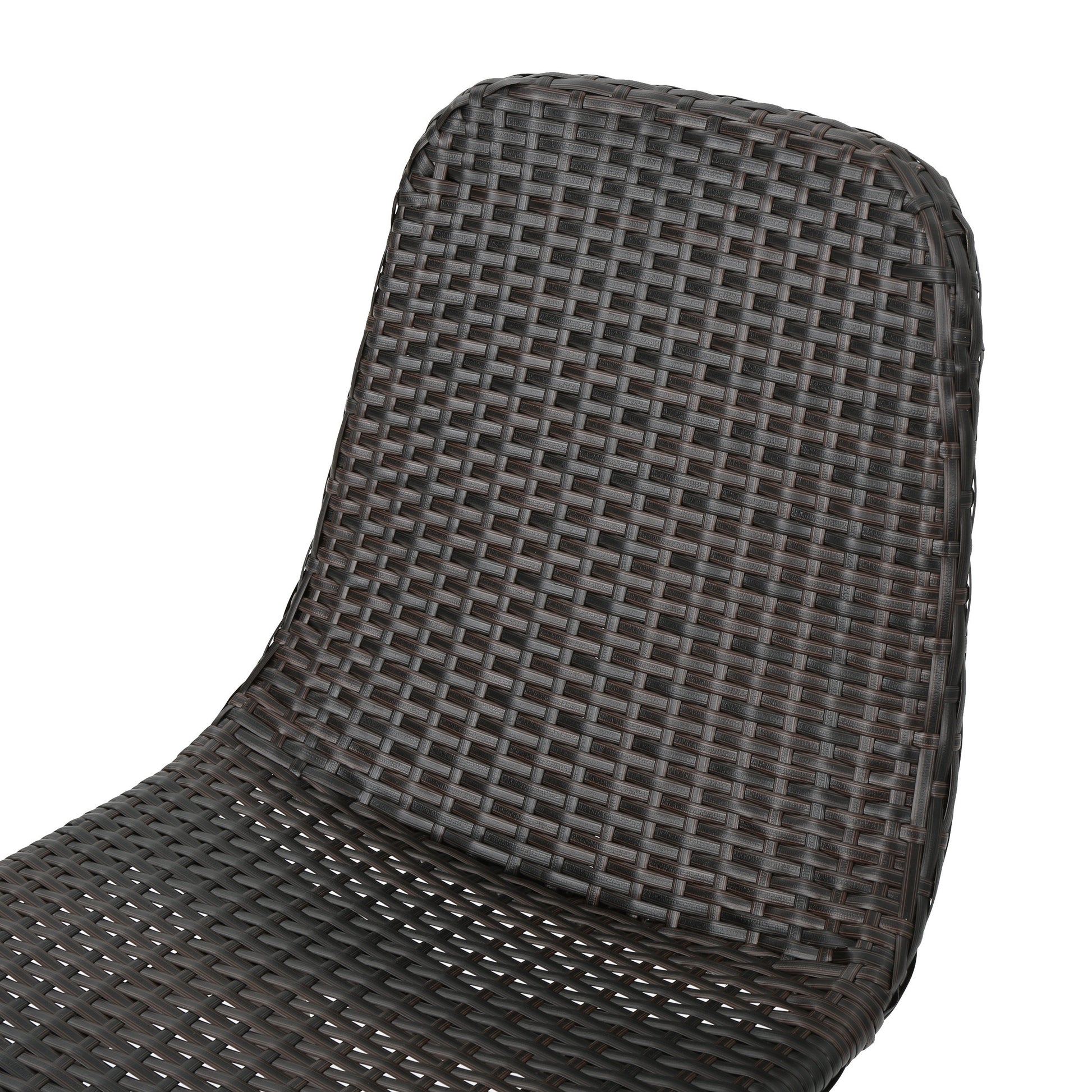 Closeup of a dark brown wicker patio chair seat and back showcasing woven texture