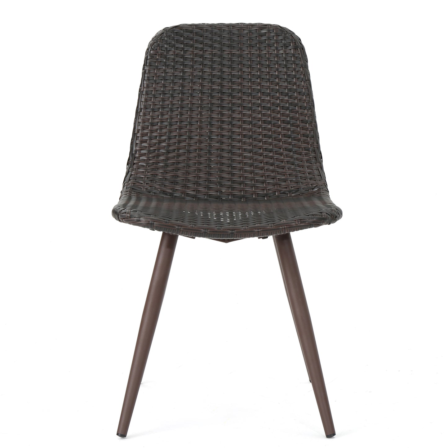 Dark brown wicker outdoor chair with tapered metal legs