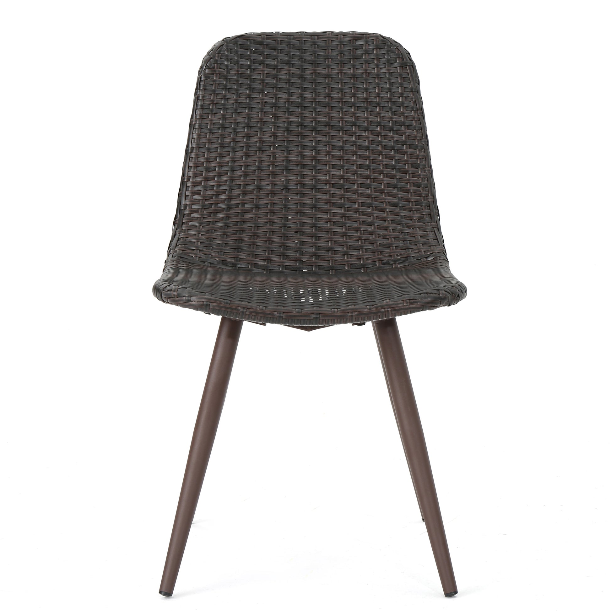 Dark brown wicker outdoor chair with tapered metal legs