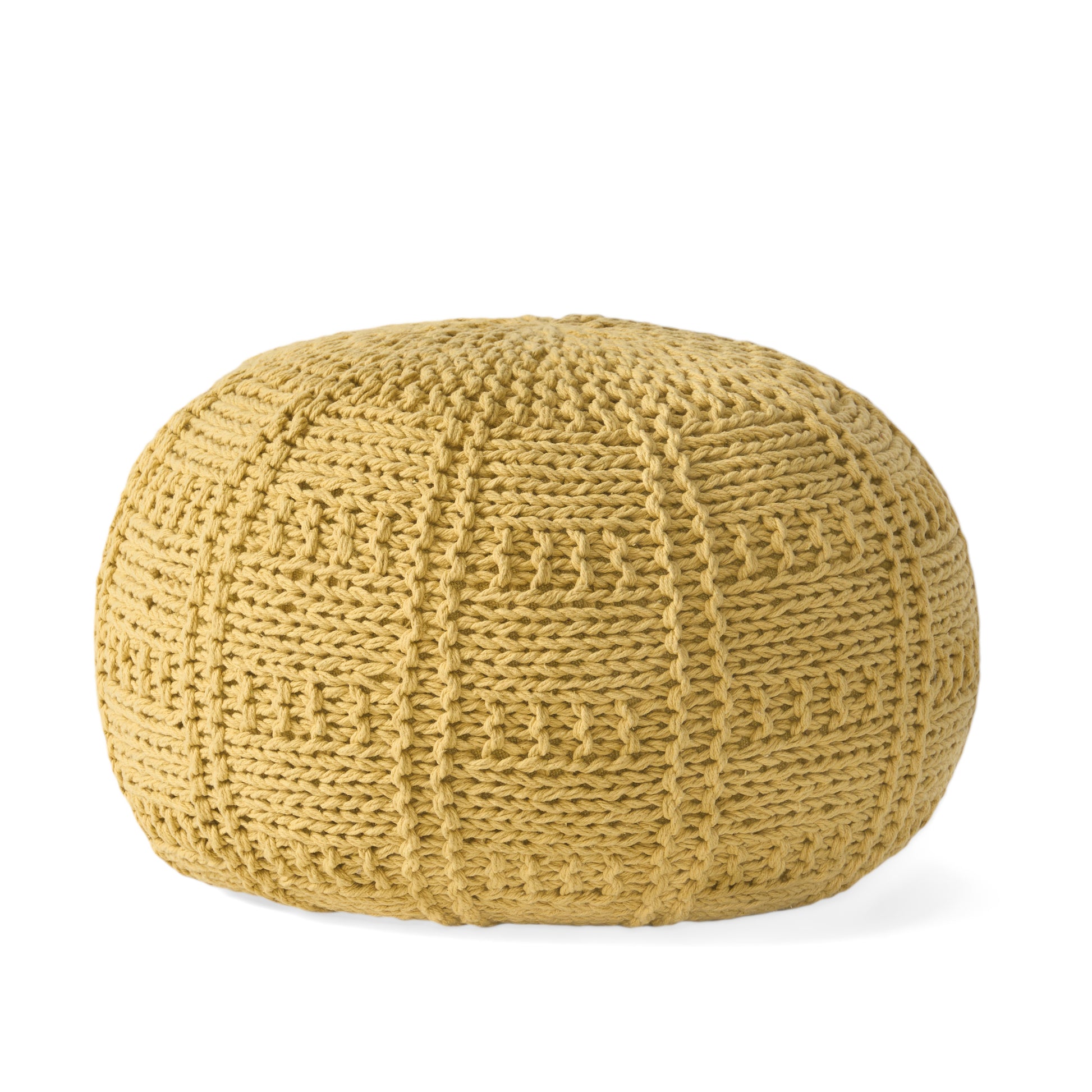 Mustard yellow knit pouf with textured stitch detail for cozy seating