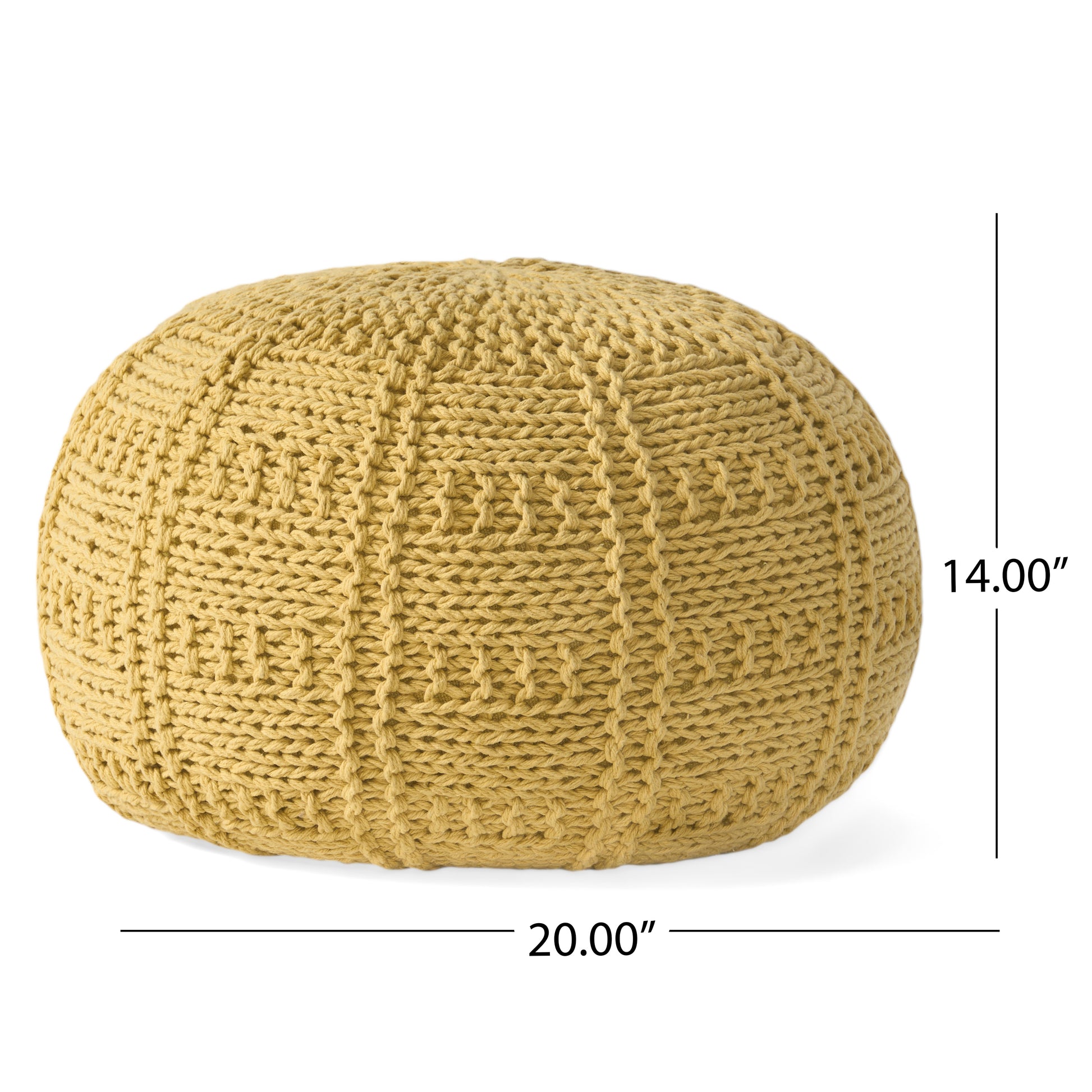 Textured yellow knitted floor pouf with intricate stitching detail for comfortable seating