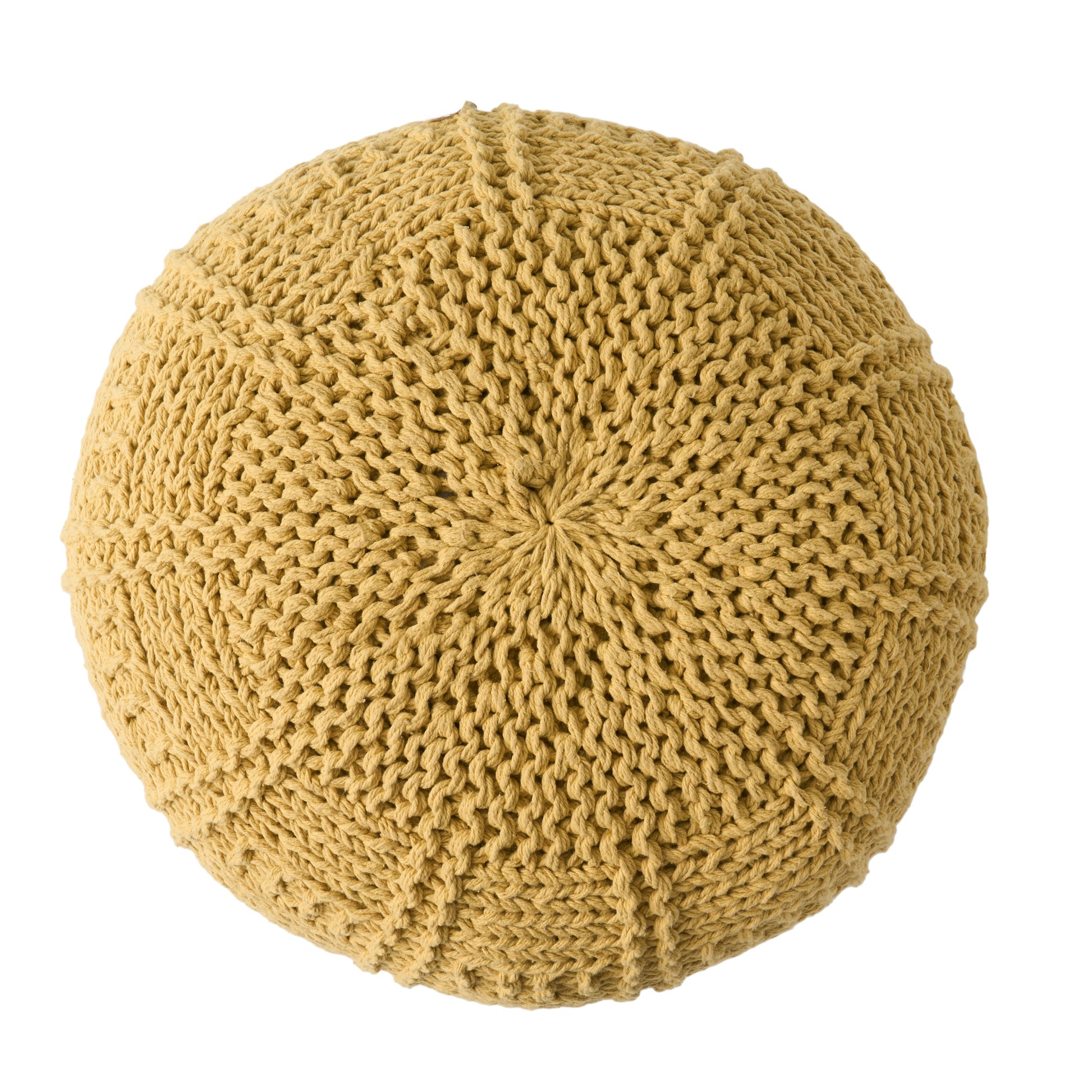 Yellow knit round pouf with textured weave pattern