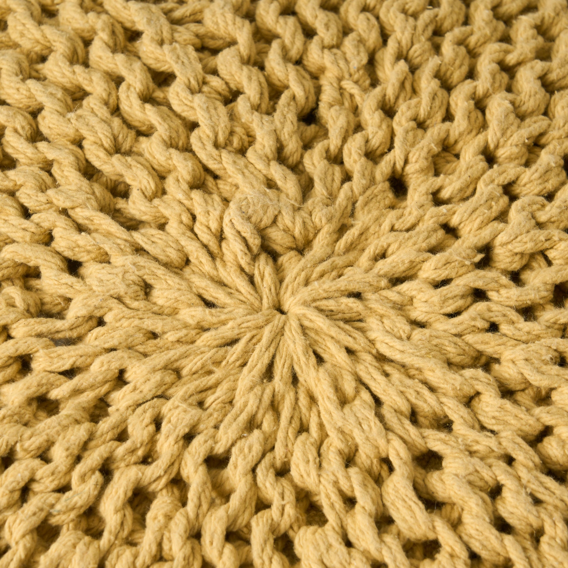 Closeup of thick mustard yellow knitted yarn texture perfect for cozy blankets