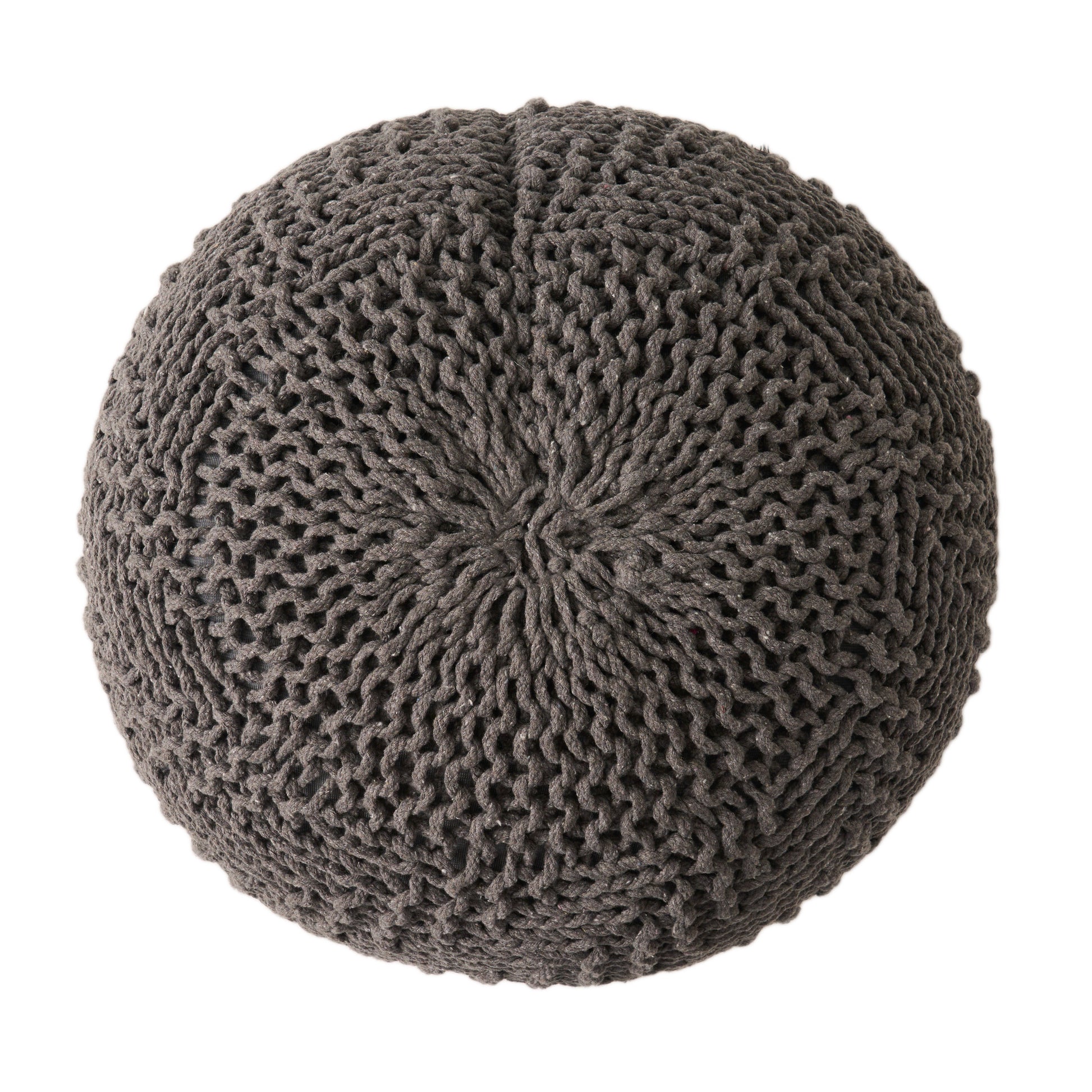 Dark grey knitted floor pouf with chunky yarn texture perfect for adding cozy seating