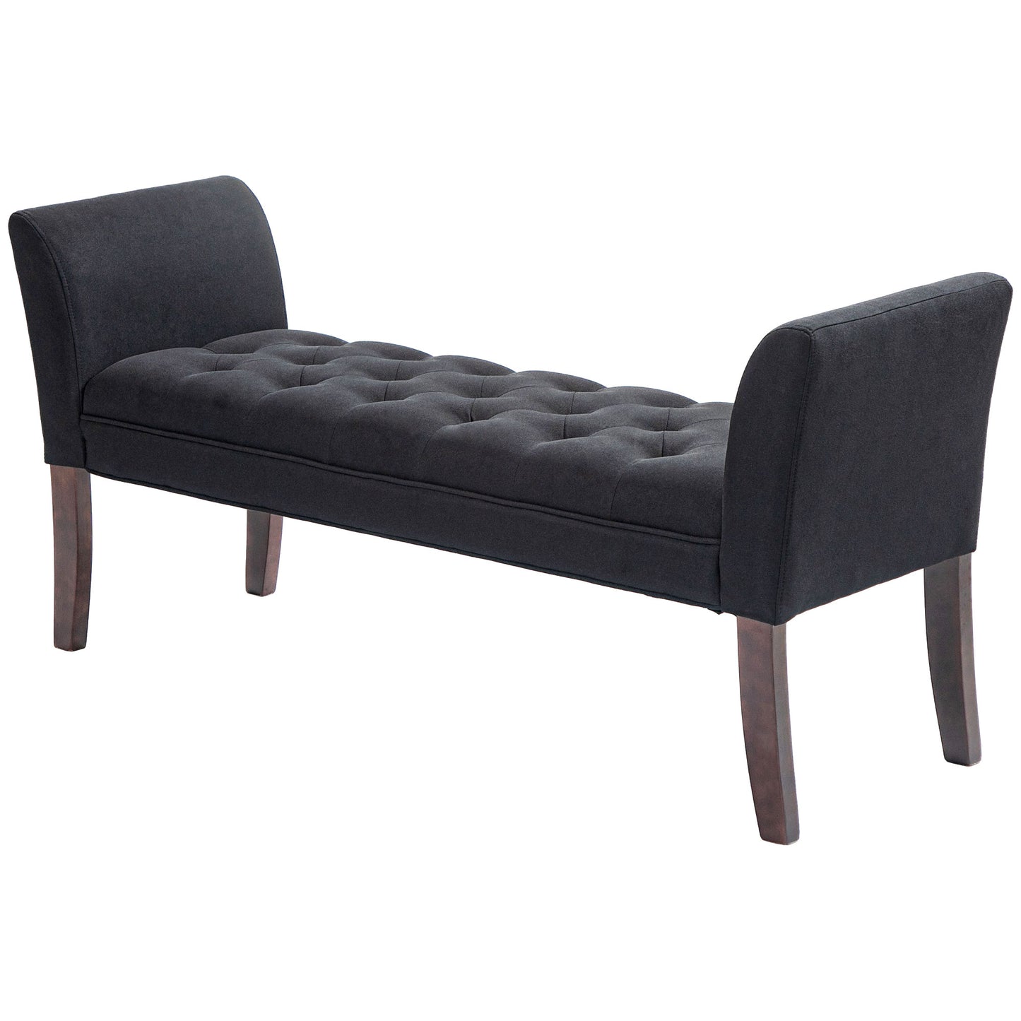 Dark gray tufted bench with wooden legs