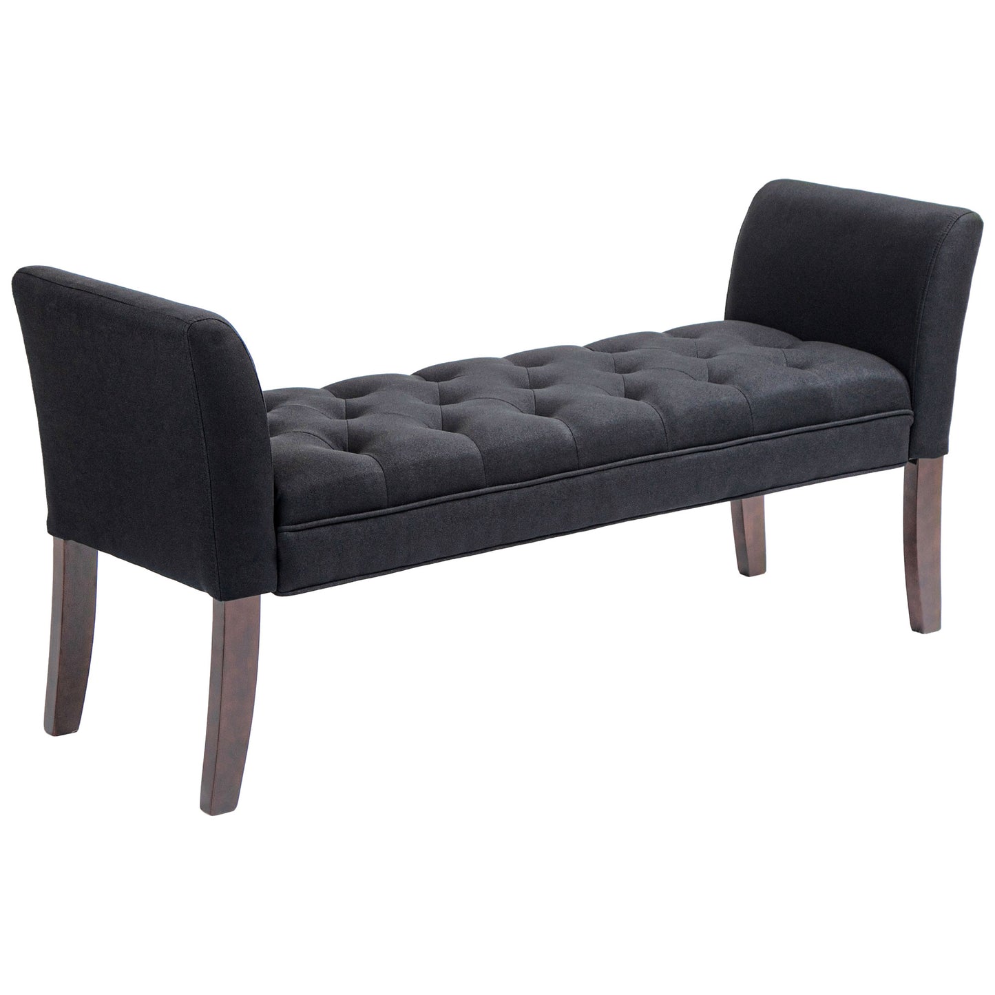 Tufted charcoal fabric bench with curved arms and dark wood legs