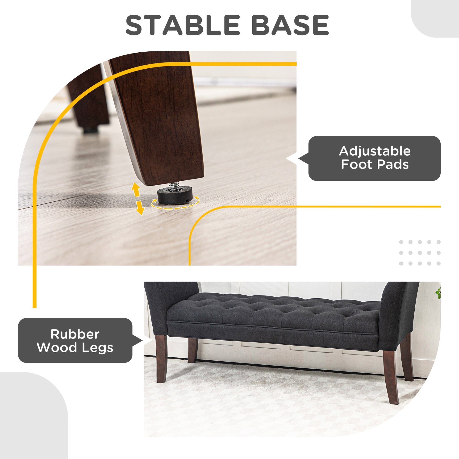Dark grey tufted bench with adjustable foot pads