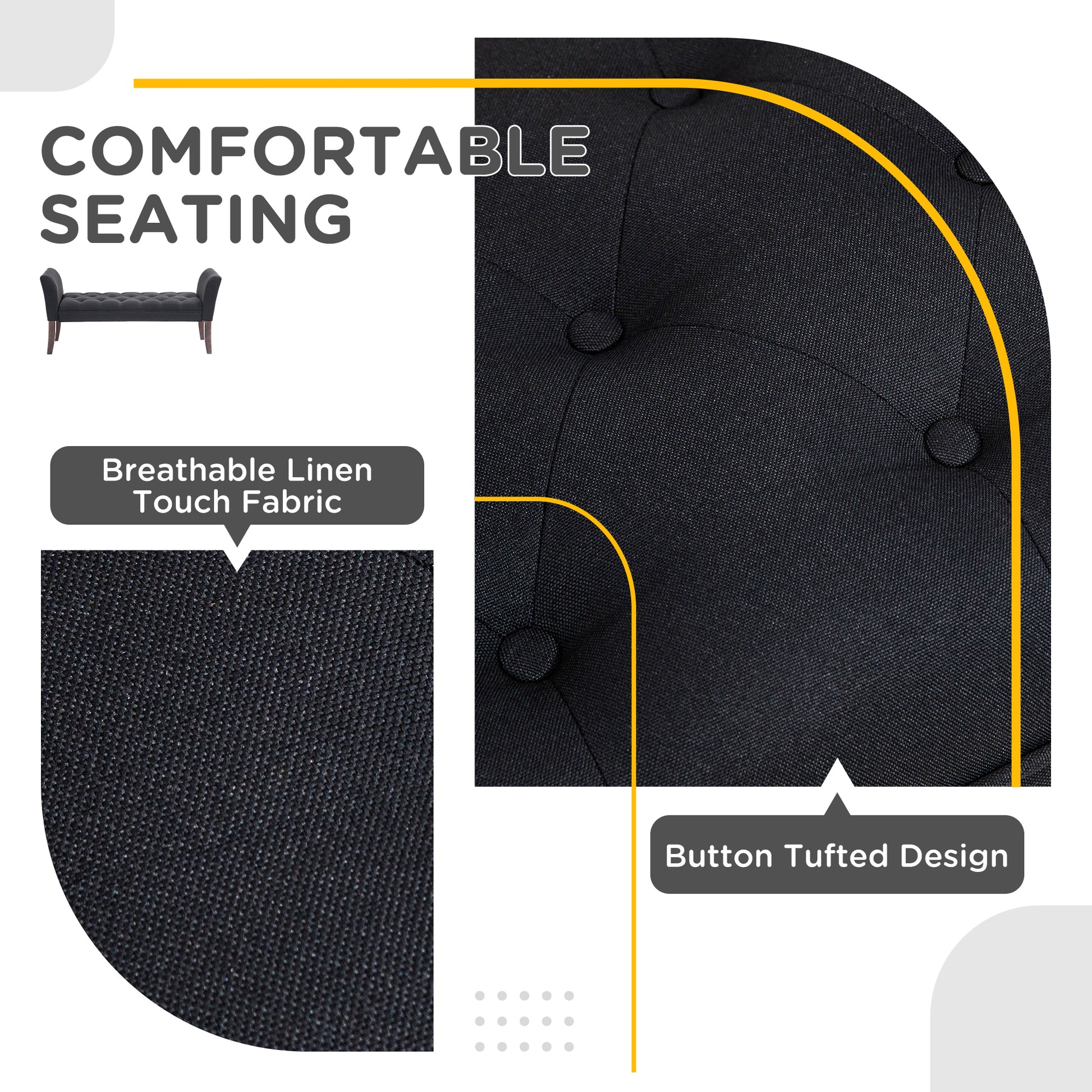 Black tufted bench with linen touch fabric and dark wooden legs