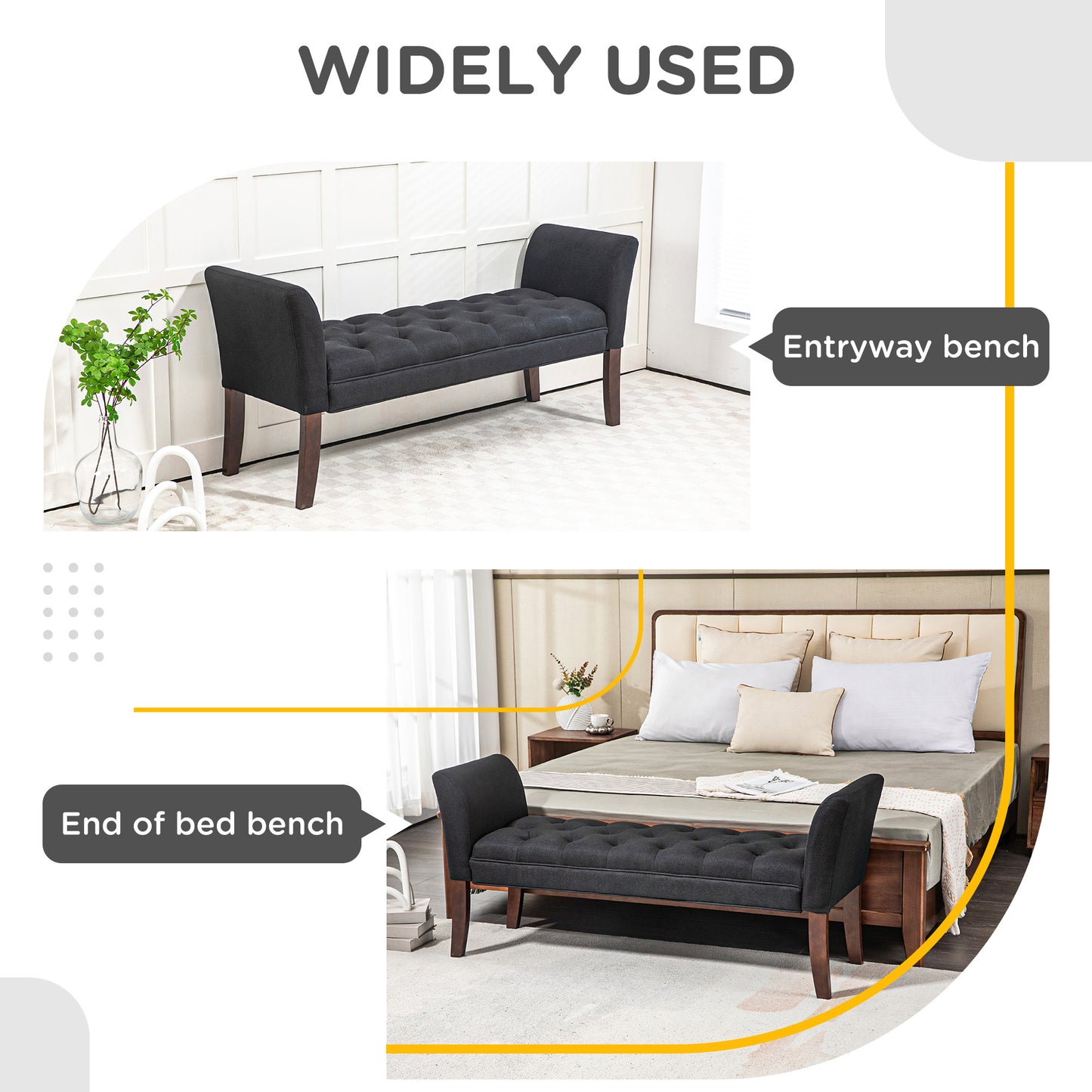 Dark grey upholstered tufted entryway bench with wooden legs